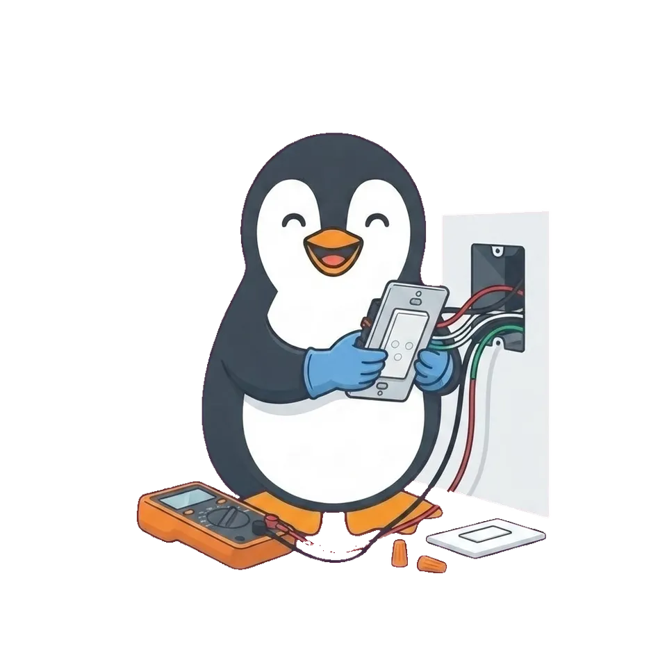 Joe the penguin standing next to a tripped electrical breaker, looking surprised