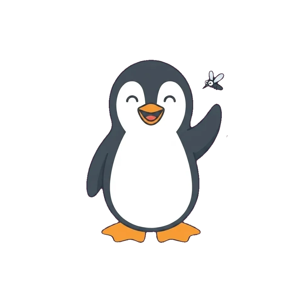 Joe the penguin in front of a magnetic mosquito curtain hung in a garage doorway