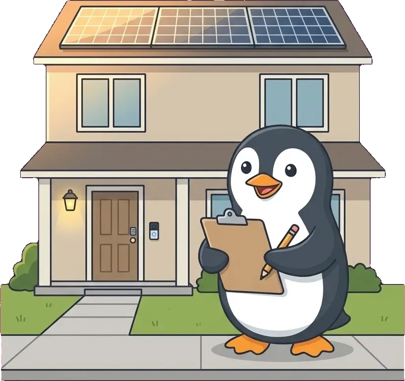 Joe the penguin with a clipboard on the front walk of a two-story house with solar panels on the roof, a porch light, a video doorbell and a keypad lock