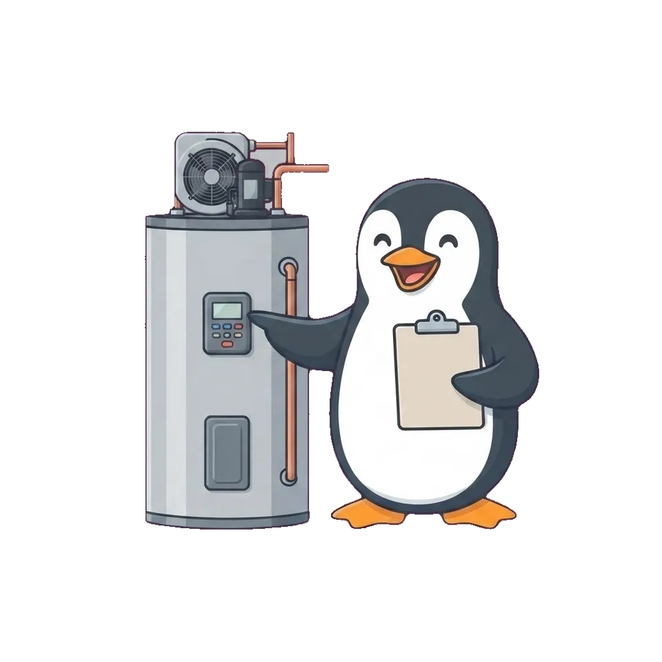 Joe the penguin standing next to a heat pump water heater in a garage