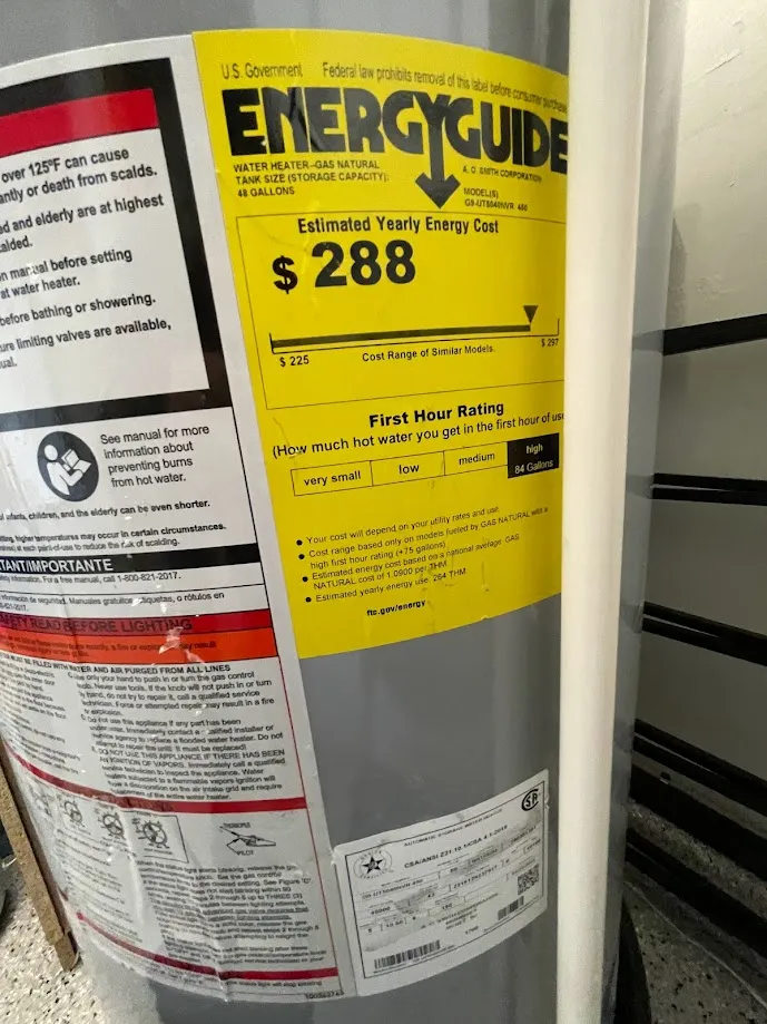The old gas tank's EnergyGuide sticker. $288 a year, 264 therms of natural gas.