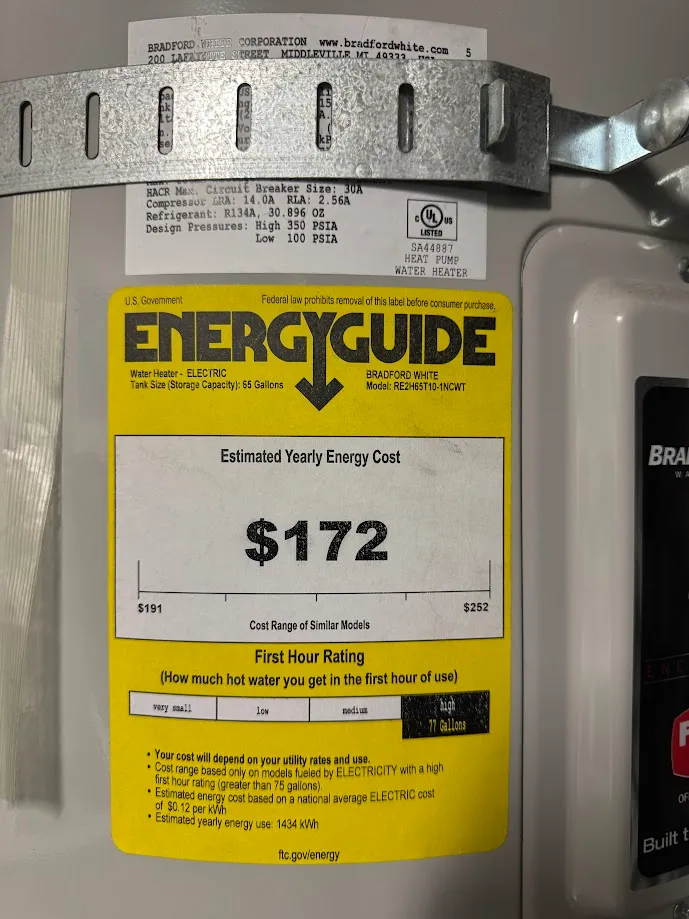 The heat pump's EnergyGuide sticker. $172 a year, 1,434 kWh. The estimate actually lands below the cost range of similar models.