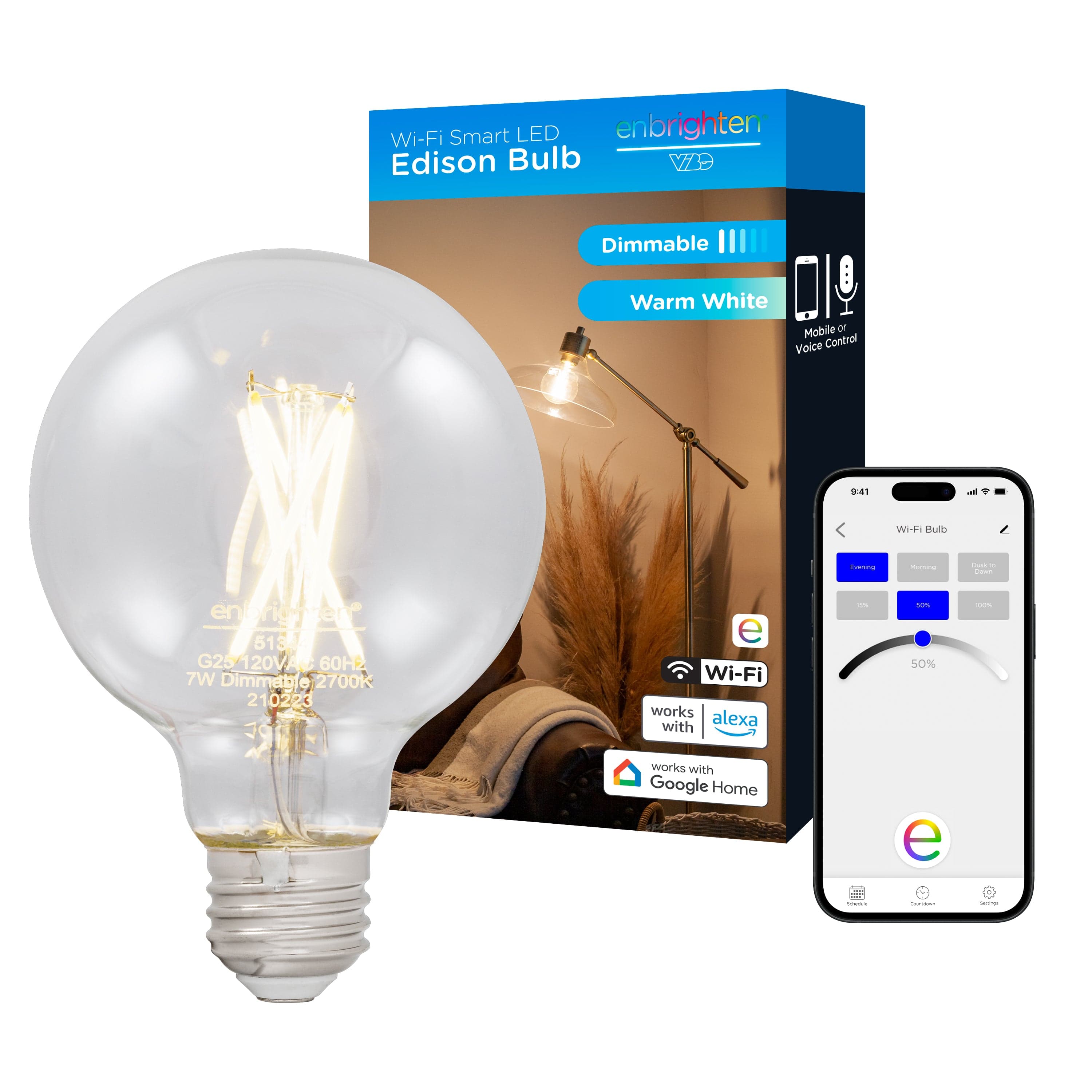 Enbrighten Wi-Fi Smart LED Bulb, Filament G25, Dimmable