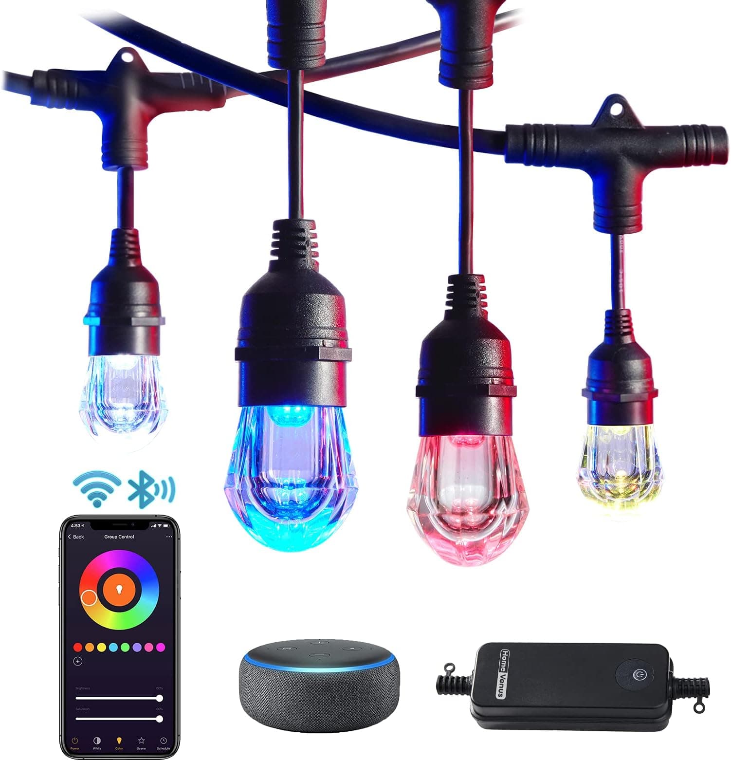 HVS Smart RGBW Outdoor String Lights (48 ft, 24 bulbs)
