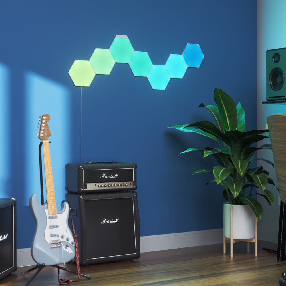 Nanoleaf Shapes Hexagons in a music room