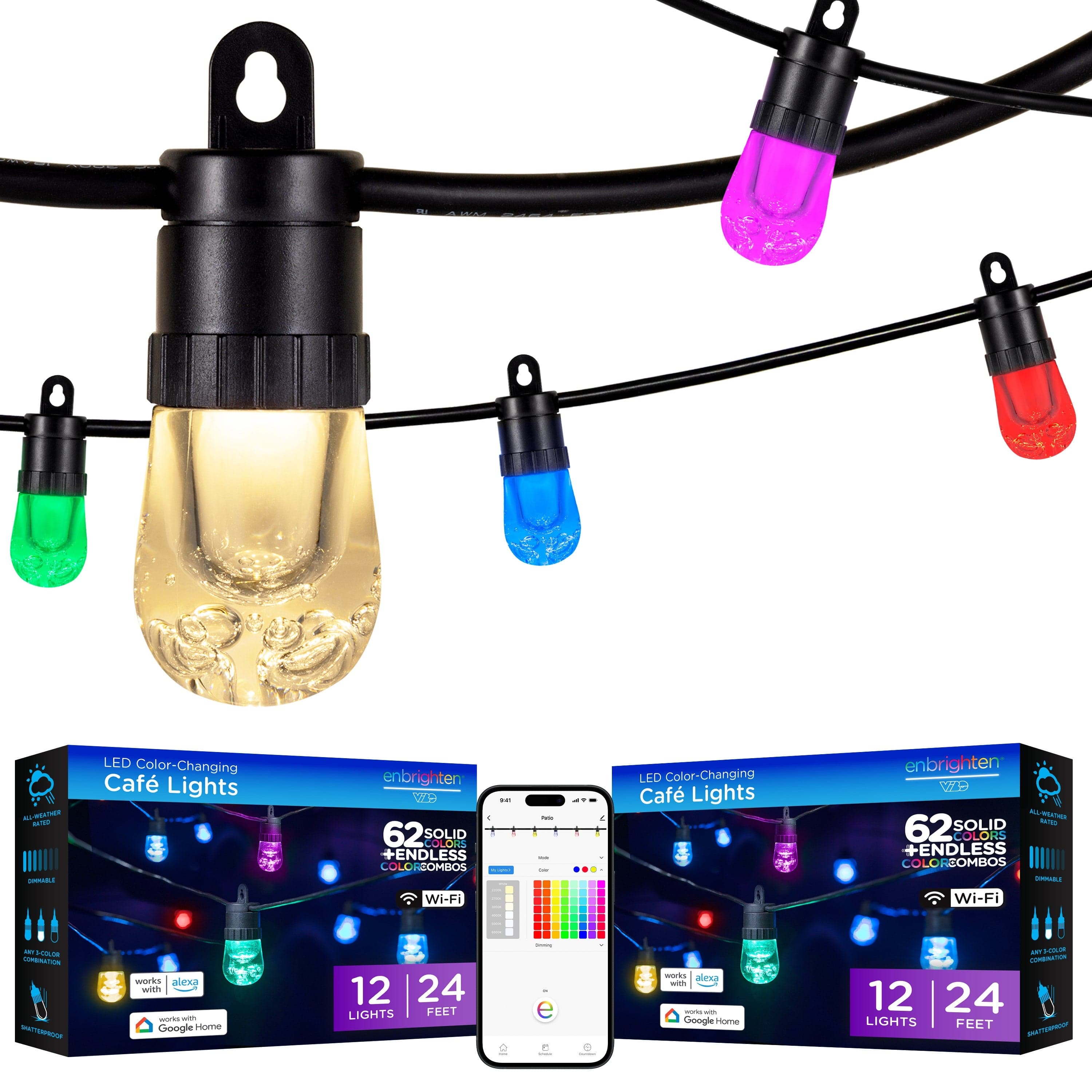 Enbrighten Ecoscapes VIBE WiFi Color-Changing LED Cafe Lights, 12 Bulbs, 24ft. Black Cord