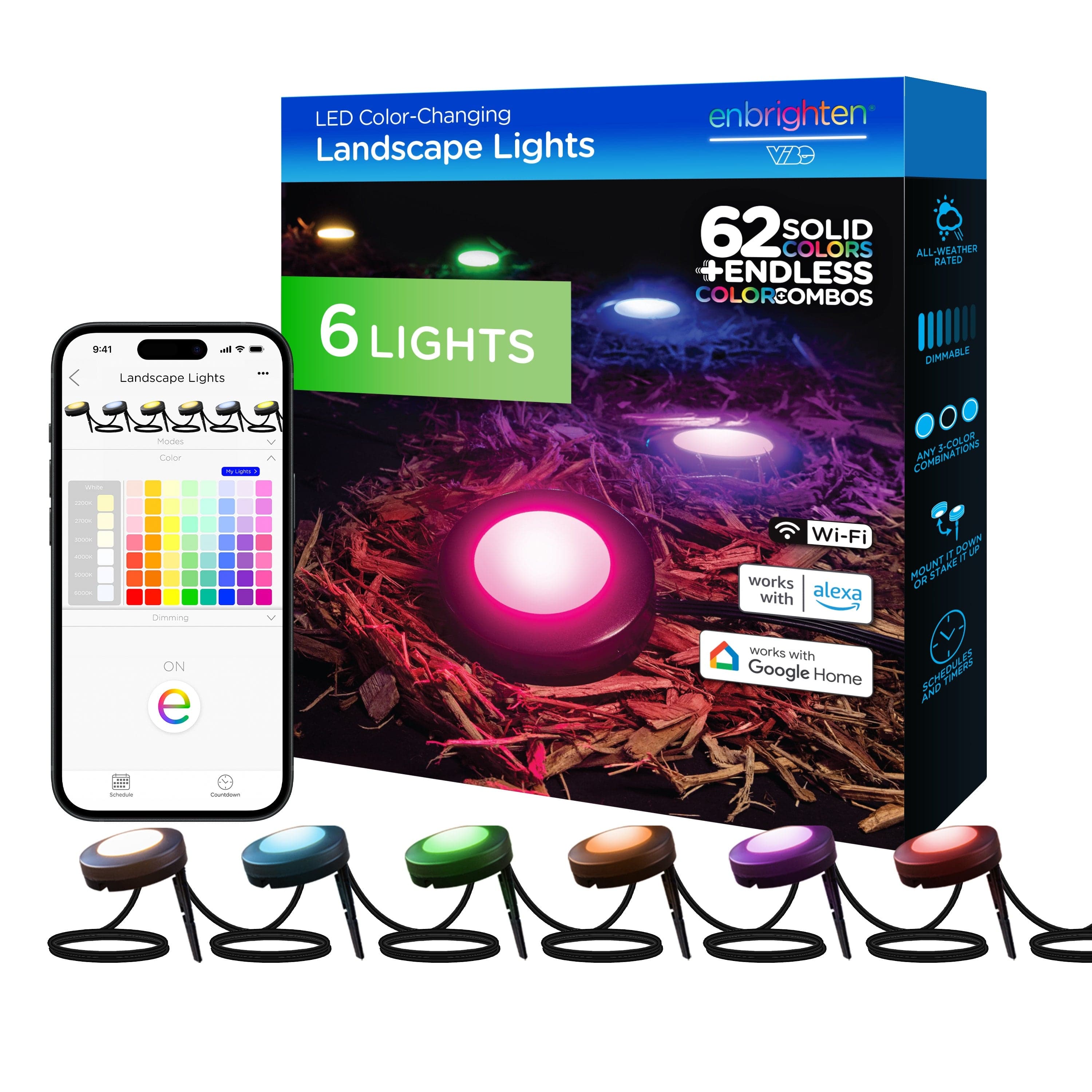 Enbrighten VIBE WiFi Color-Changing LED Landscape Lights, 6 Lights, 50ft. Black Cord