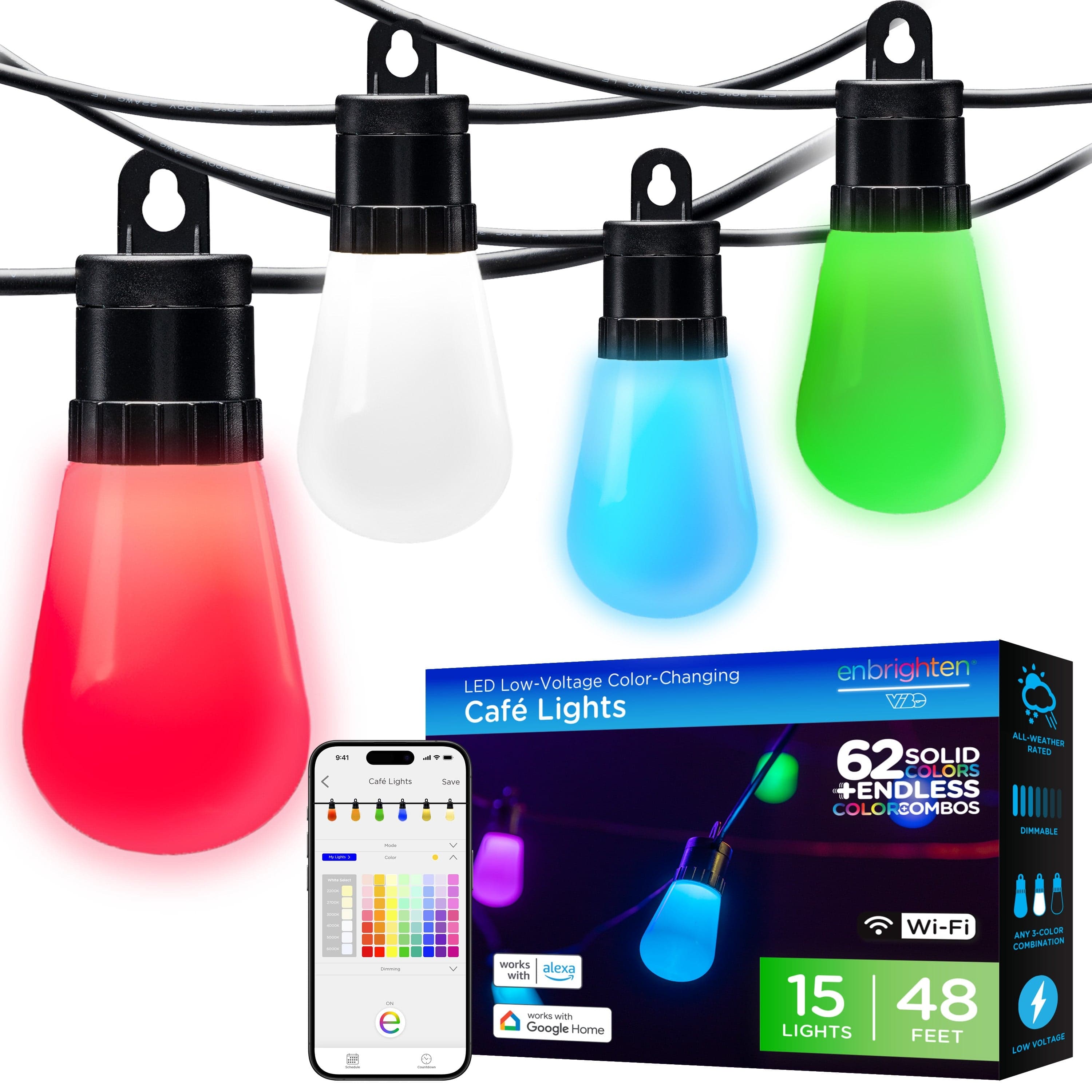 Enbrighten VIBE WiFi Color-Changing Lightweight LED Cafe Lights, 15 Plastic Bulbs, 48ft. Black Cord