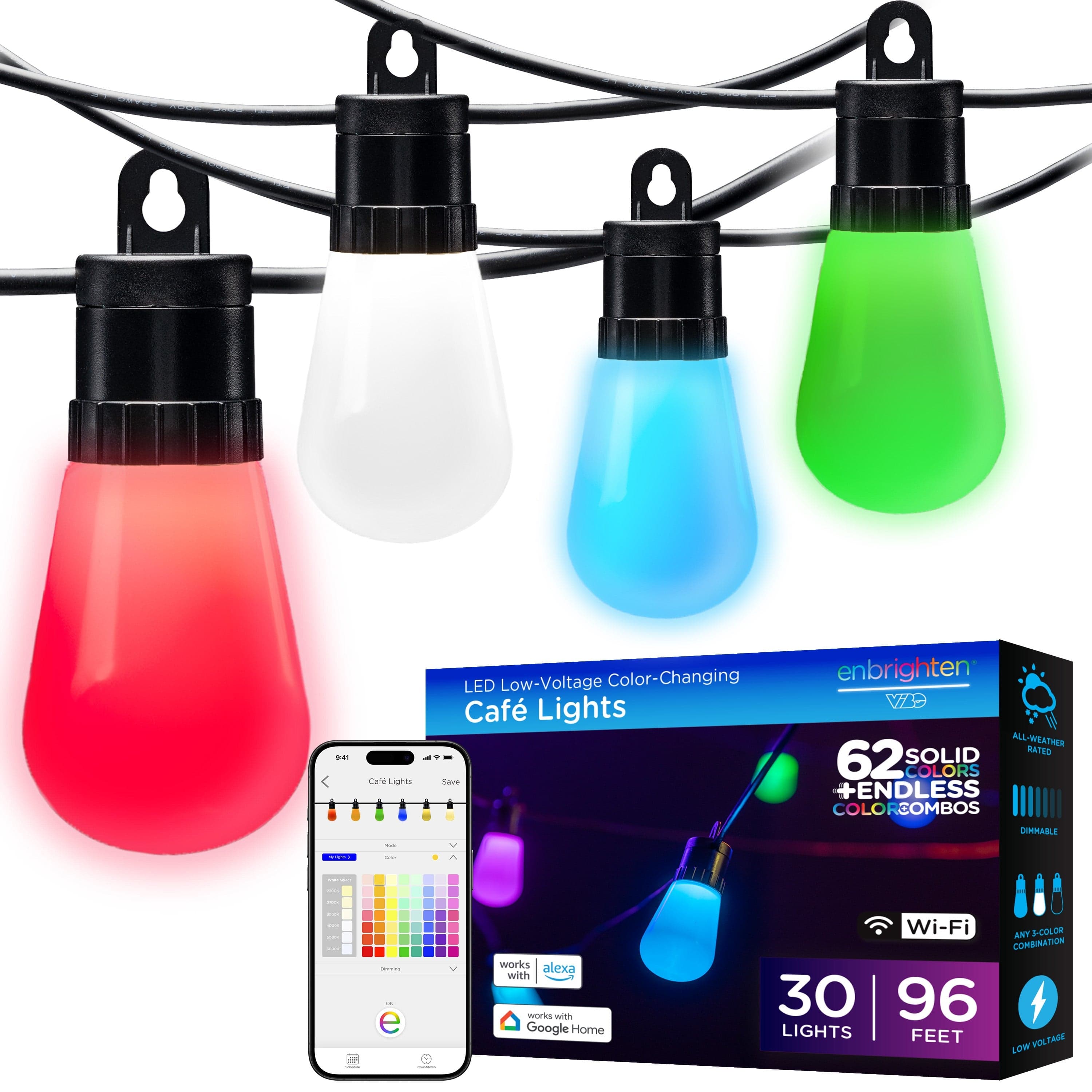 Enbrighten VIBE WiFi Color-Changing Lightweight LED Cafe Lights, 30 Plastic Bulbs, 96ft. Black Cord