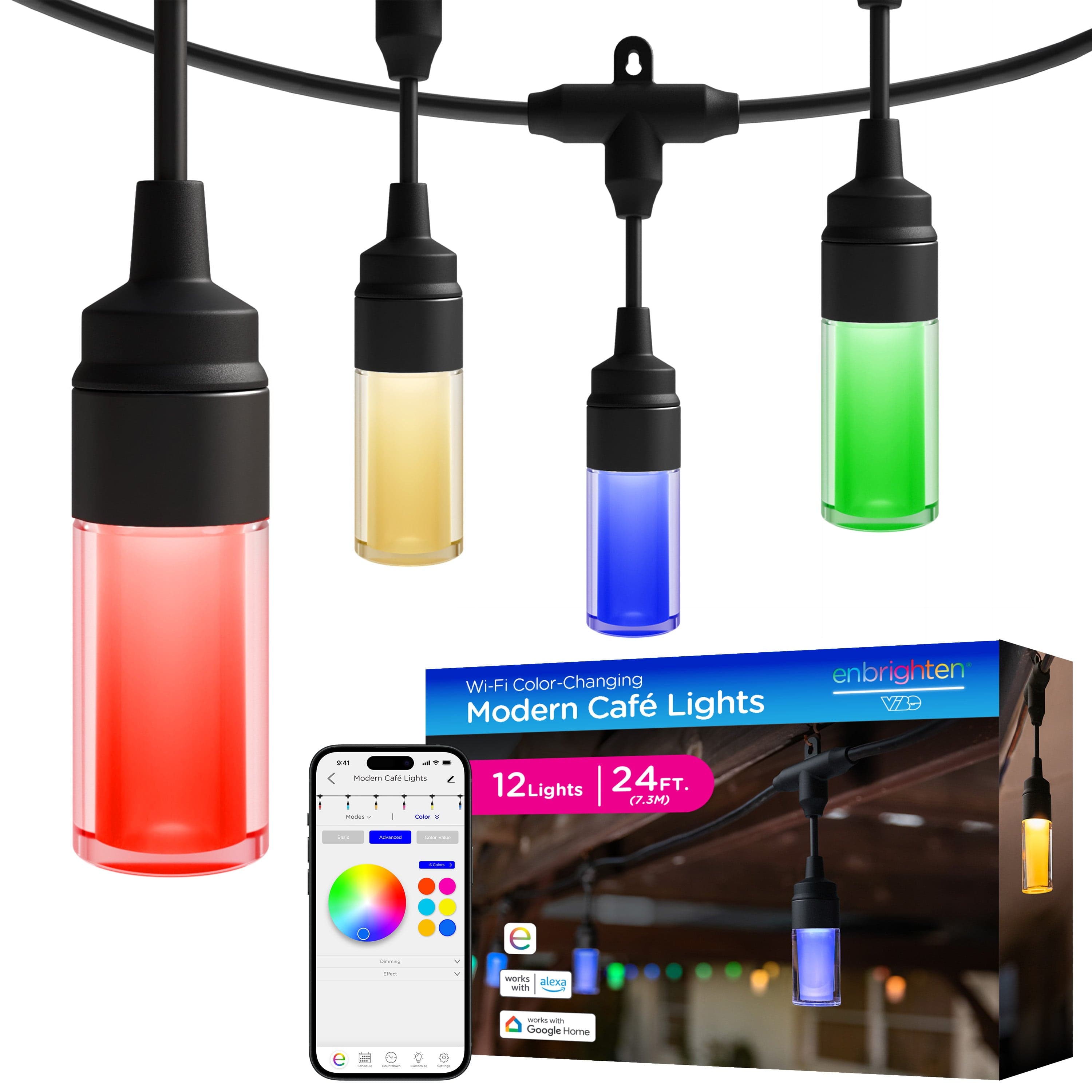 Enbrighten VIBE WiFi Modern Color-Changing LED Cafe Lights, 12 Bulbs, 24ft. Black Cord