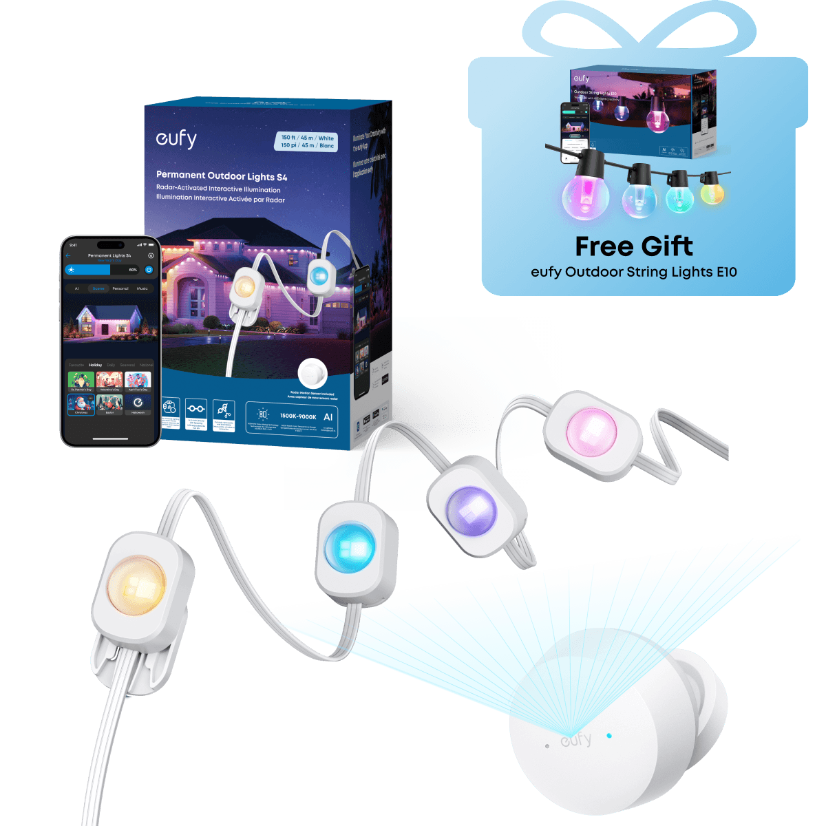 eufy Permanent Outdoor Lights S4 (150ft with 108 LED Lights) +Free eufy Outdoor String Lights E10
