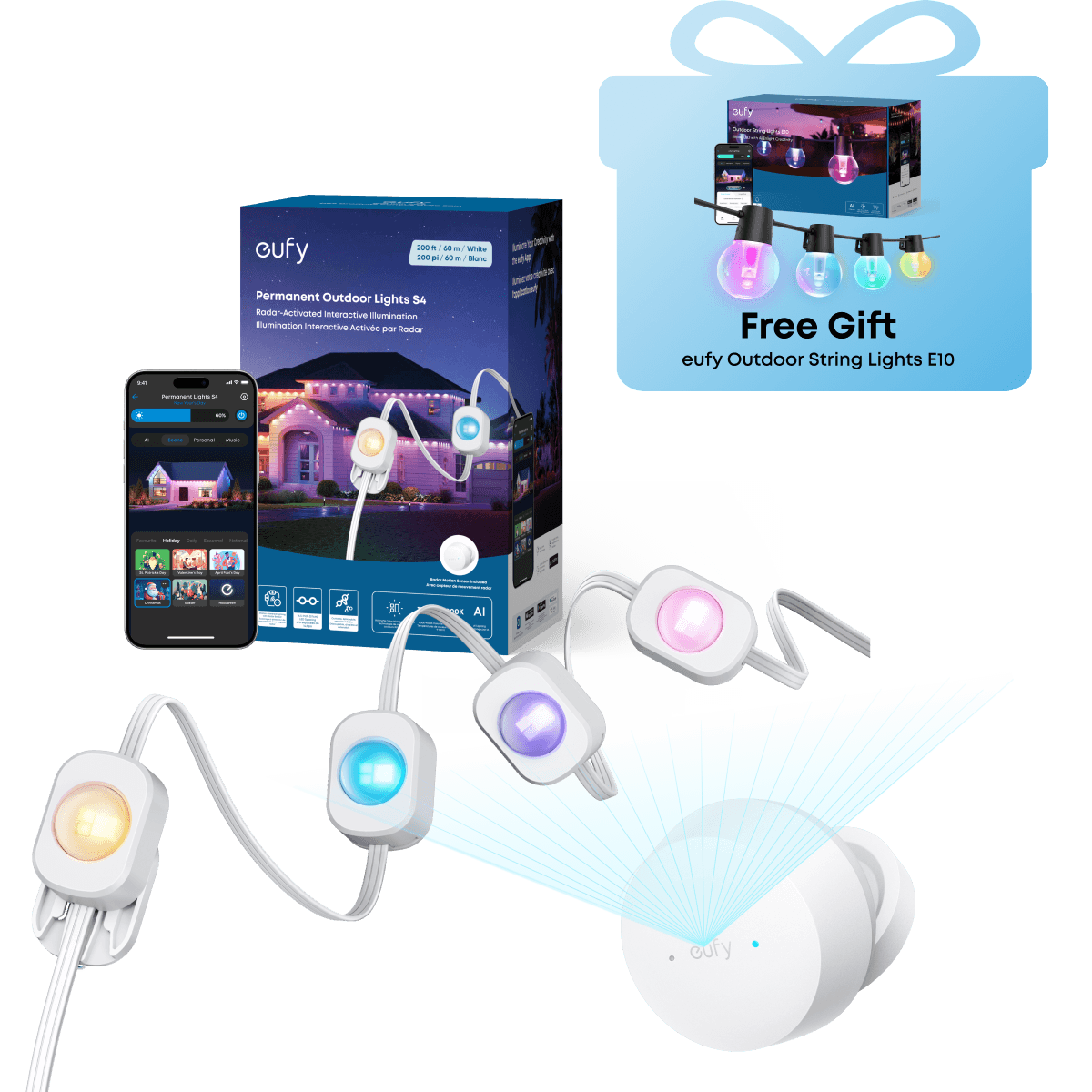 eufy Permanent Outdoor Lights S4 (200ft with 144 LED Lights) + Free eufy Outdoor String Lights E10